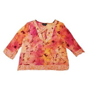 Carole Little Floral‎ Peasant Boho Hippie Top Watercolor Womens 12 Multicolor